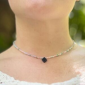 chalcedony navy diamond gemstone crystal pendant with rainbow mix of seed beads